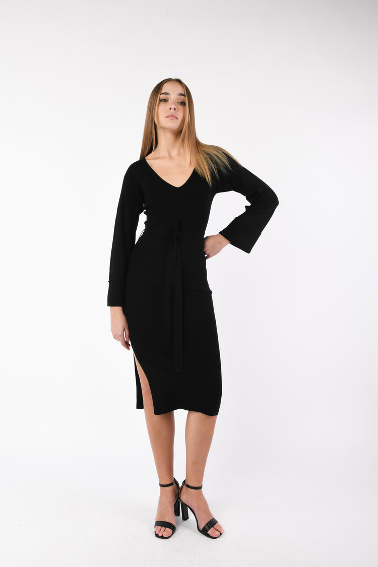 Belted knit midi dress