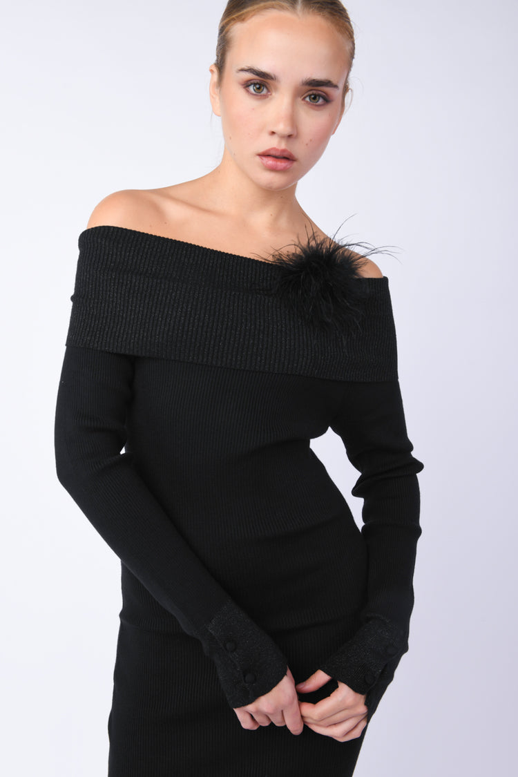 Feather brooch mini knit dress