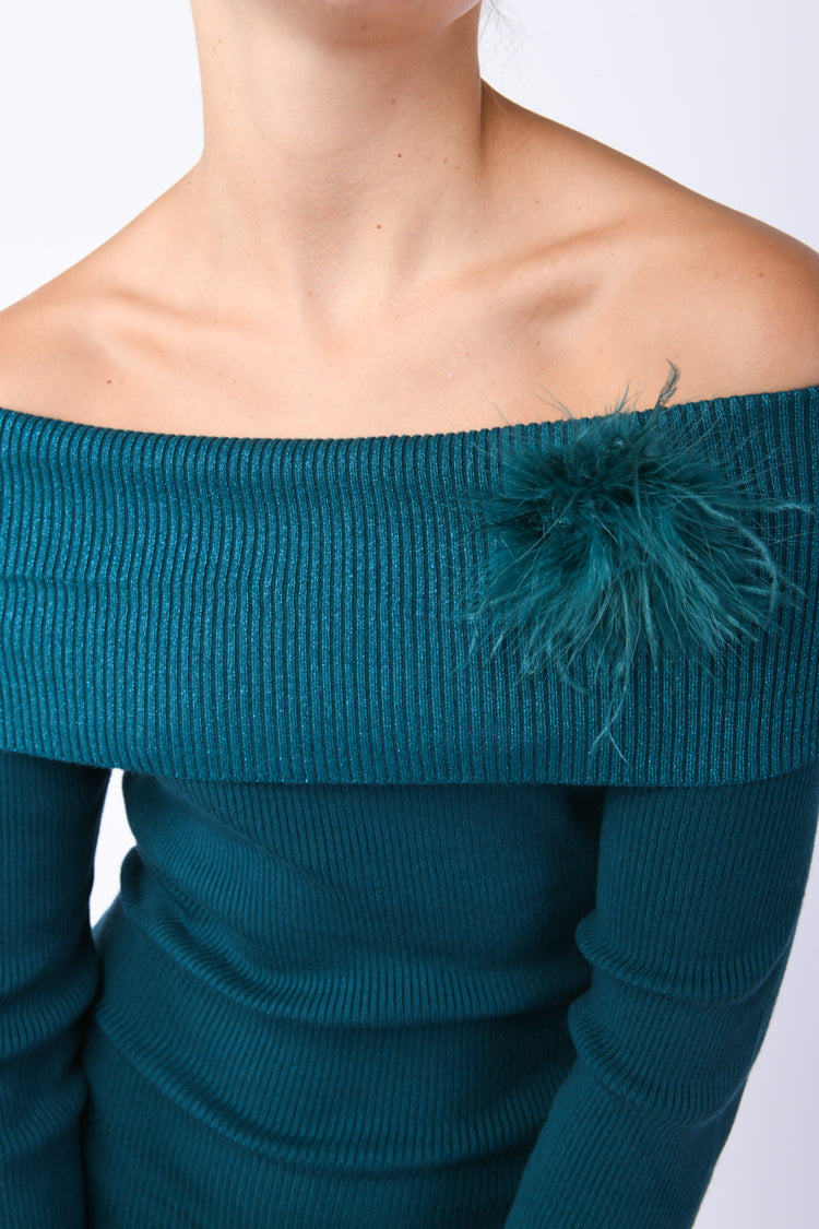 Feather brooch mini knit dress