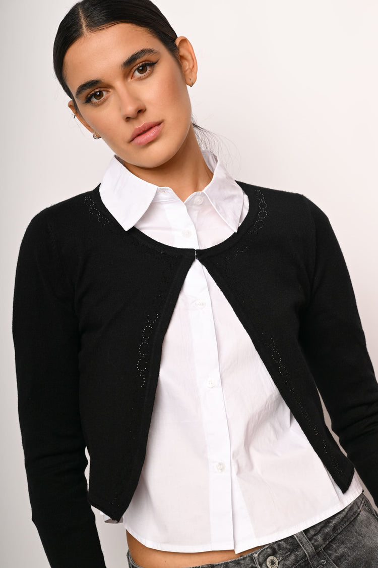 Rhinestone profiles cropped cardigan