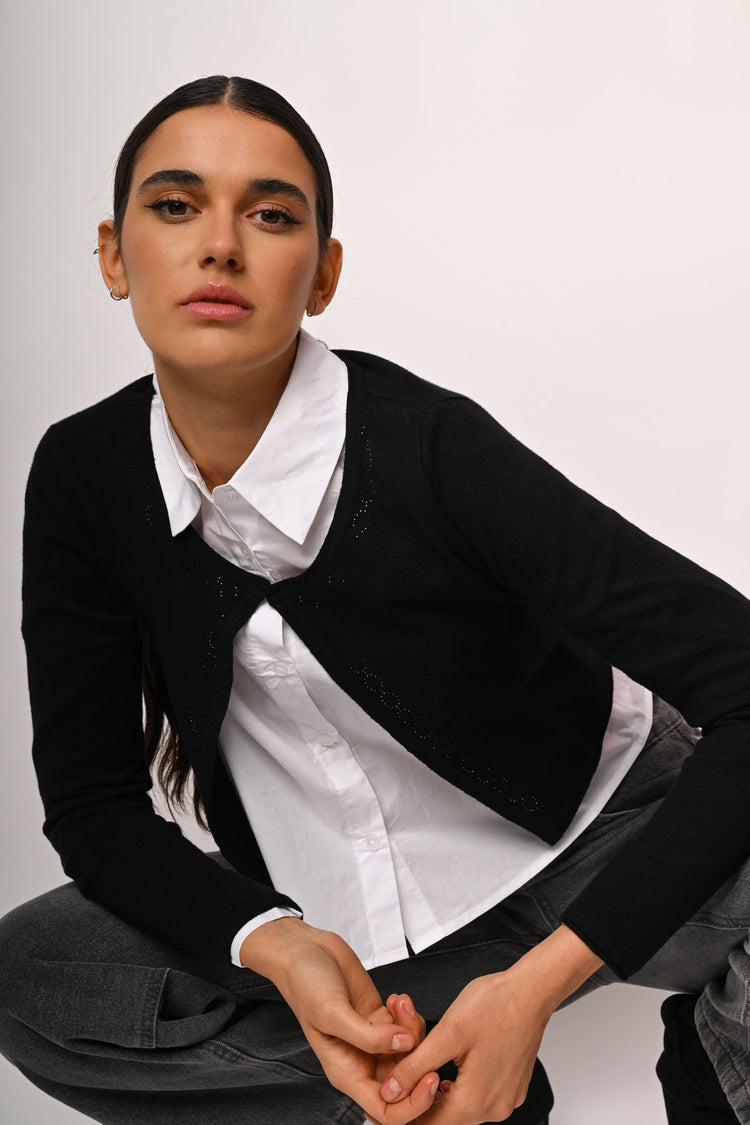 Rhinestone profiles cropped cardigan