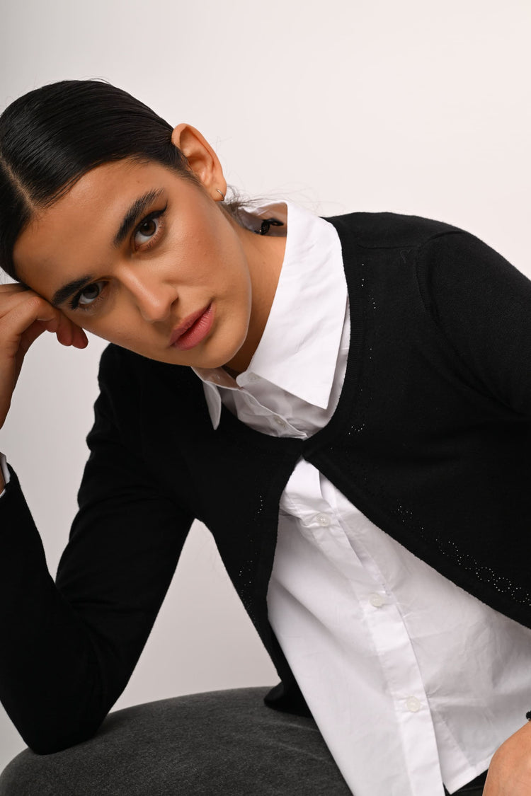 Rhinestone profiles cropped cardigan