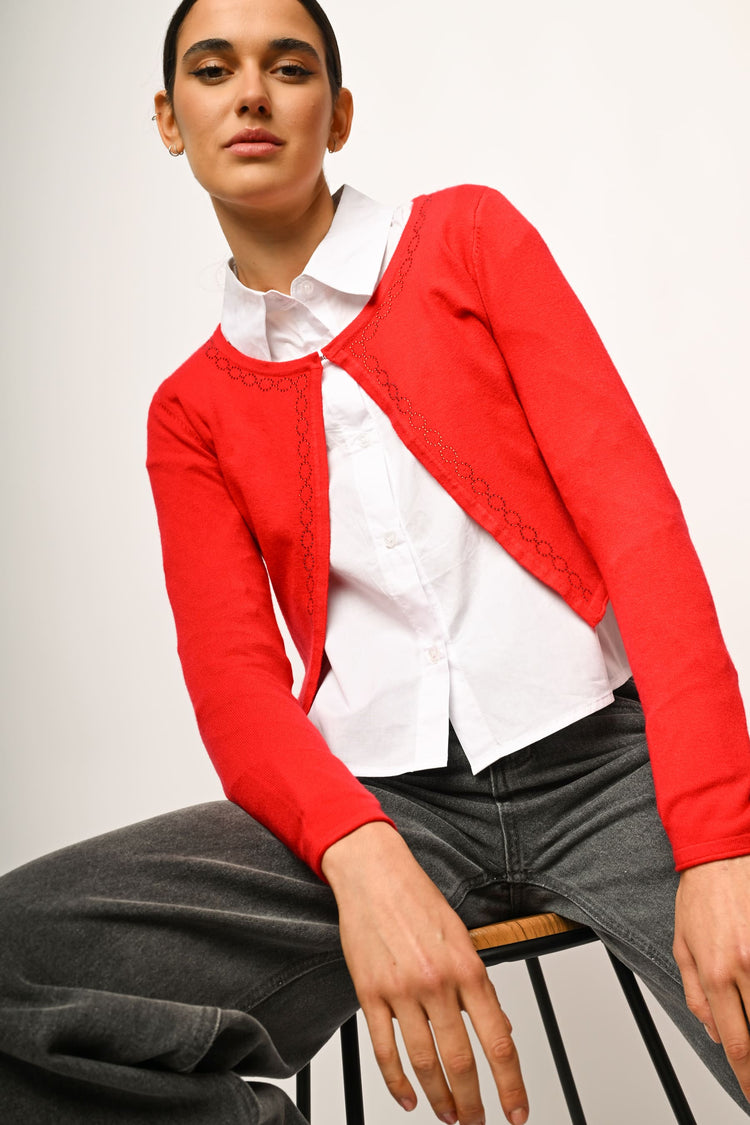 Rhinestone profiles cropped cardigan