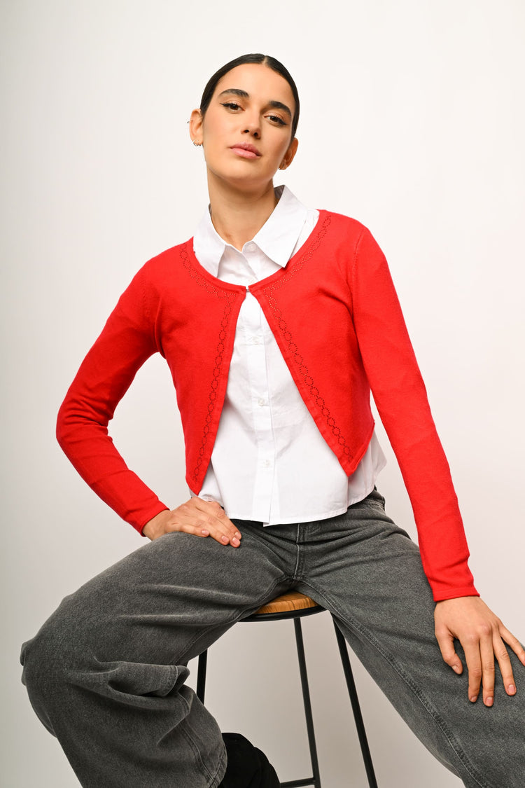 Rhinestone profiles cropped cardigan