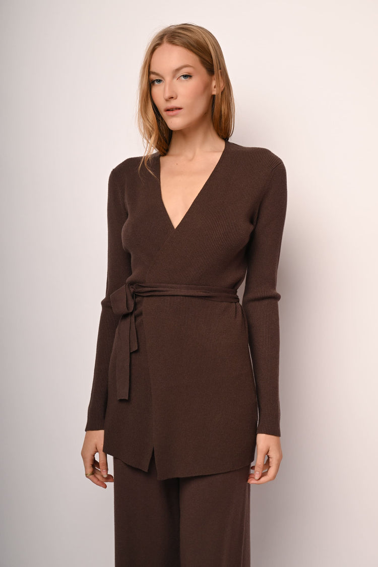 Belted wrap long cardigan