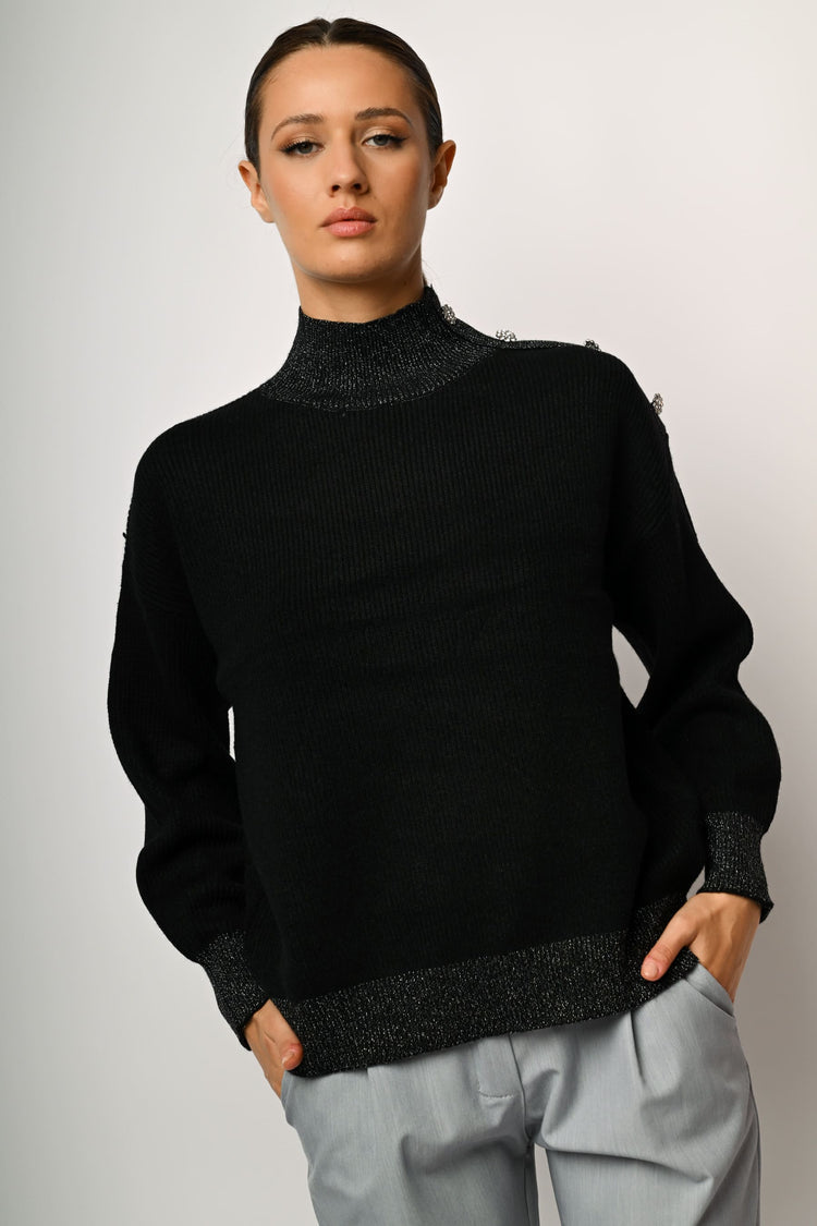 Button-detail lurex edges mock sweater