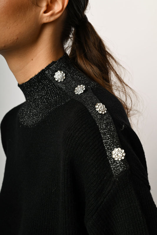 Button-detail lurex edges mock sweater