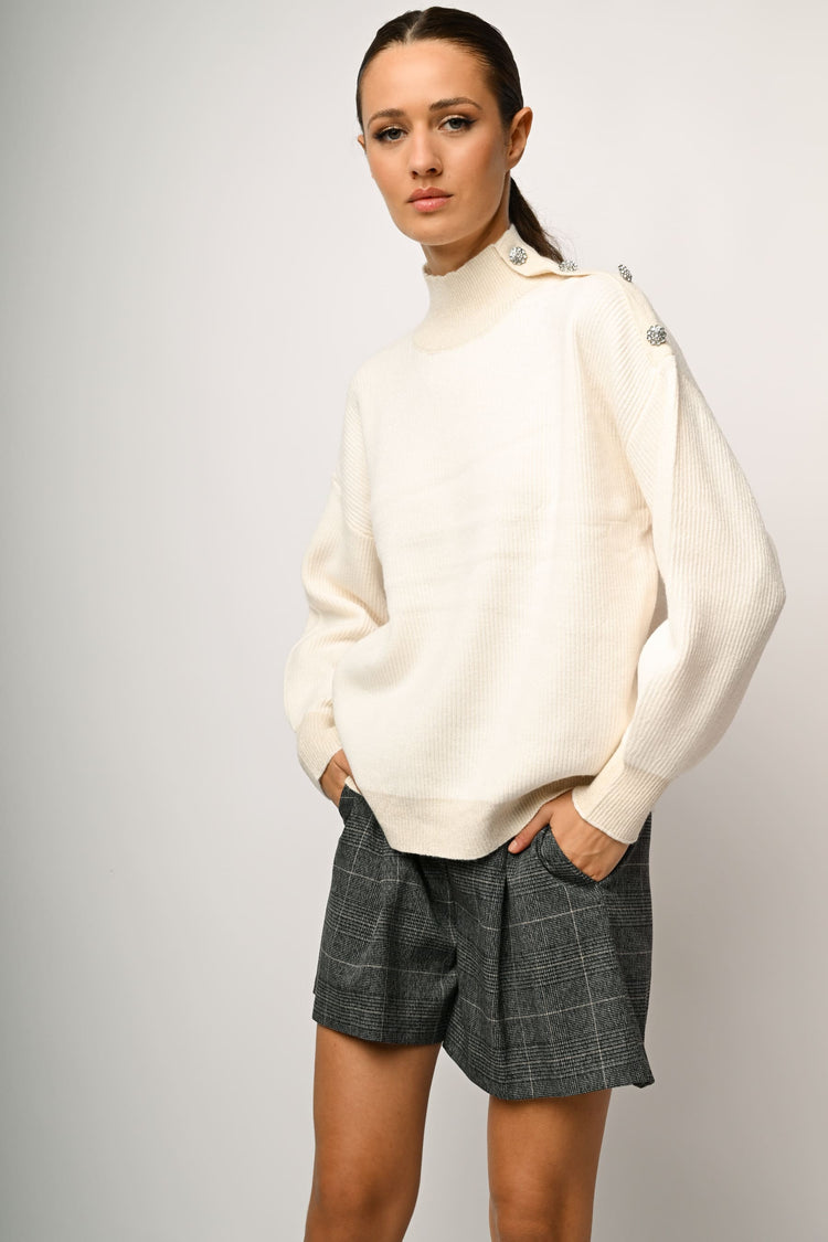 Button-detail lurex edges mock sweater