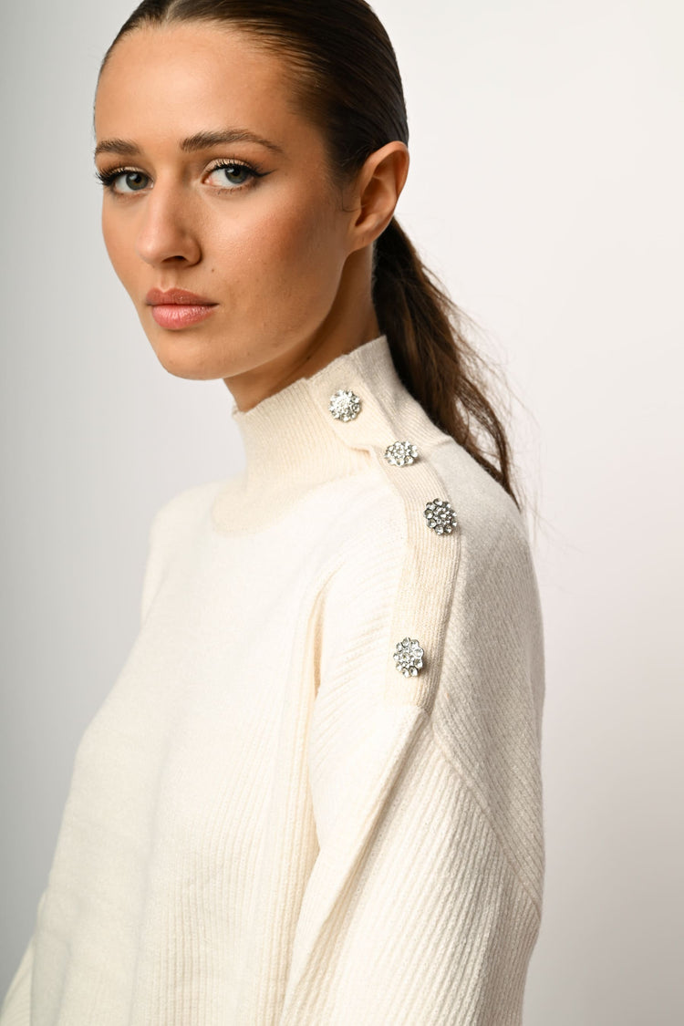 Button-detail lurex edges mock sweater
