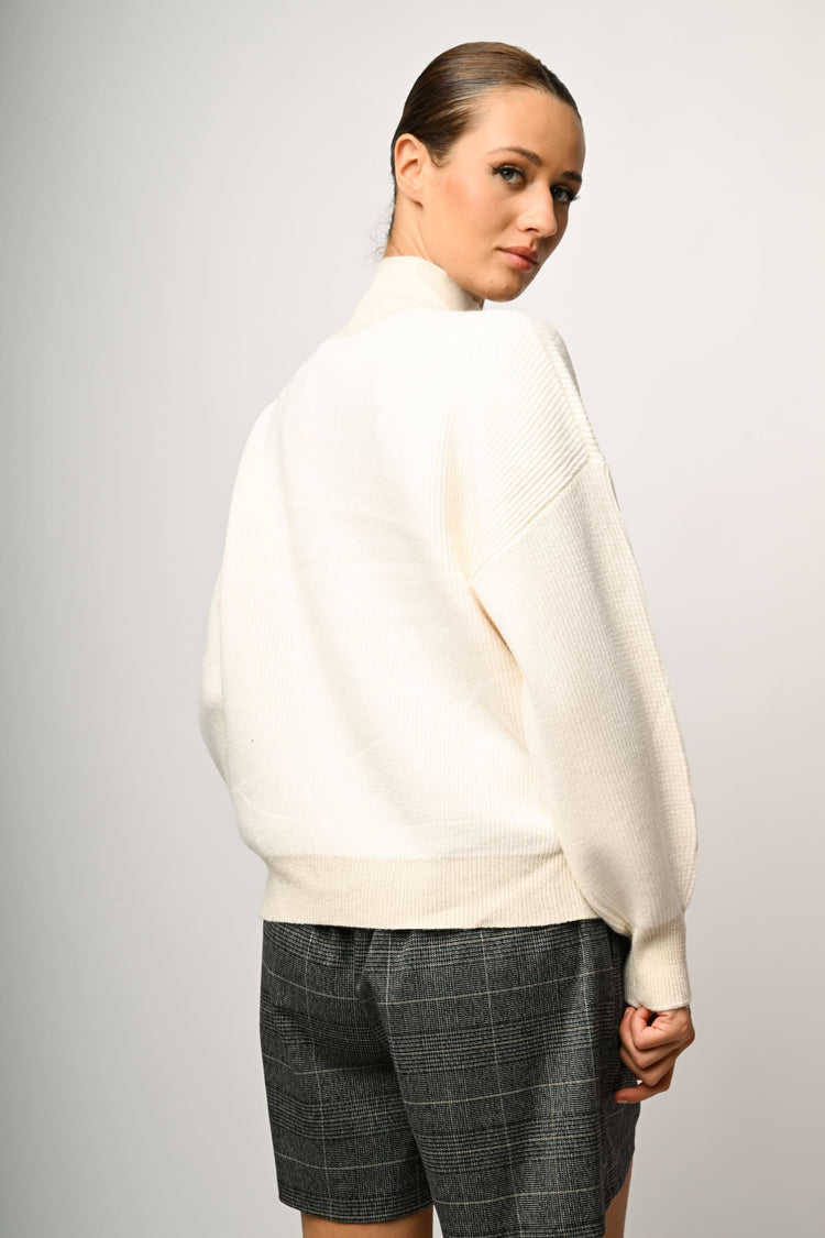 Button-detail lurex edges mock sweater