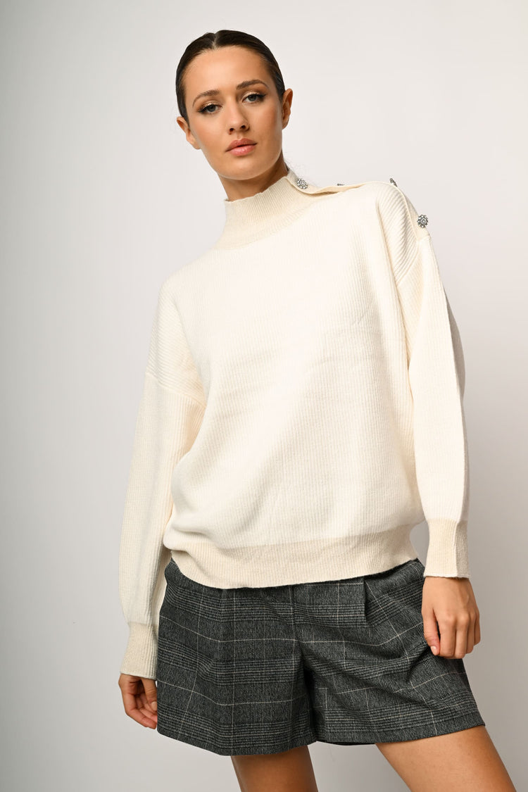Button-detail lurex edges mock sweater
