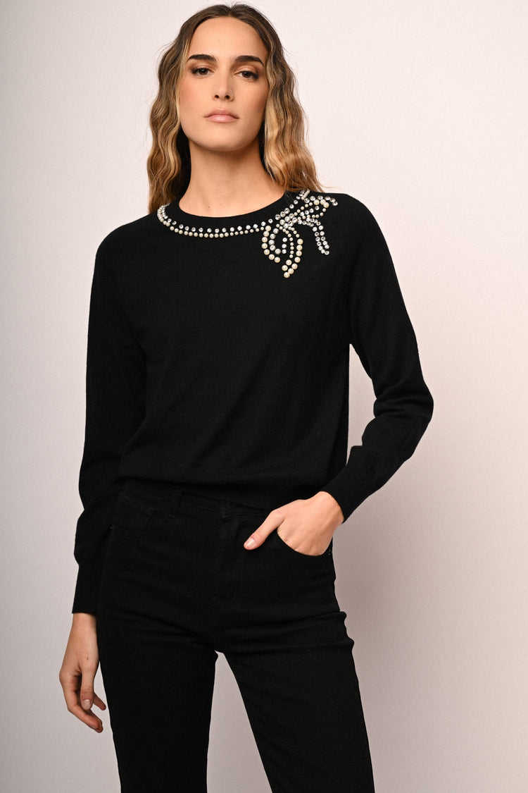 Rhinestone & bead bow sweater