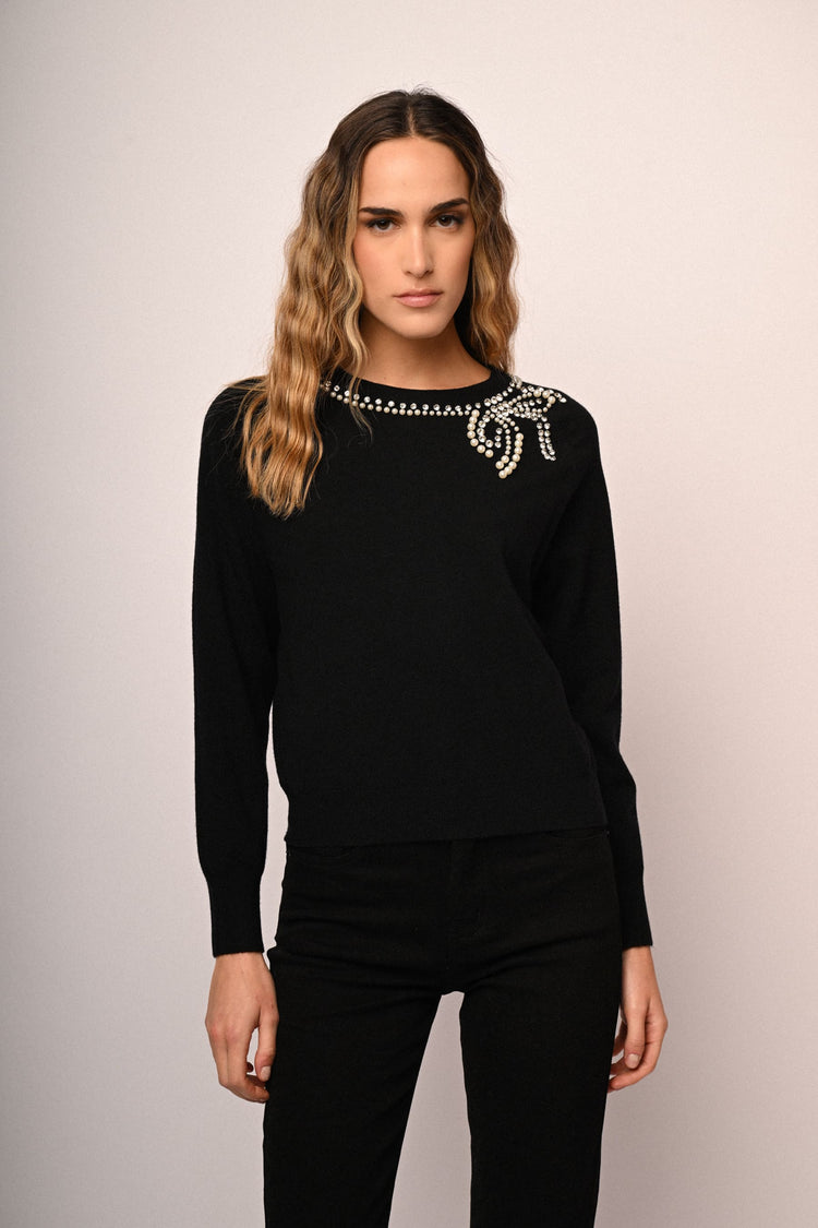 Rhinestone & bead bow sweater