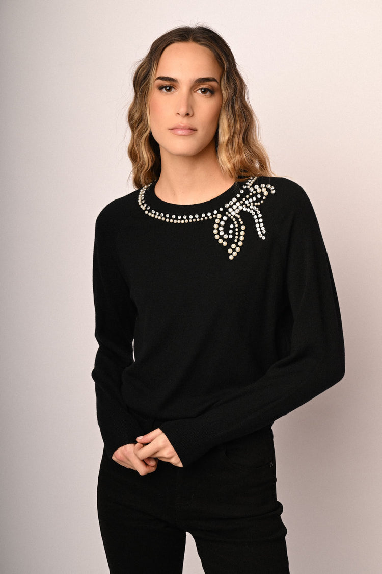 Rhinestone & bead bow sweater