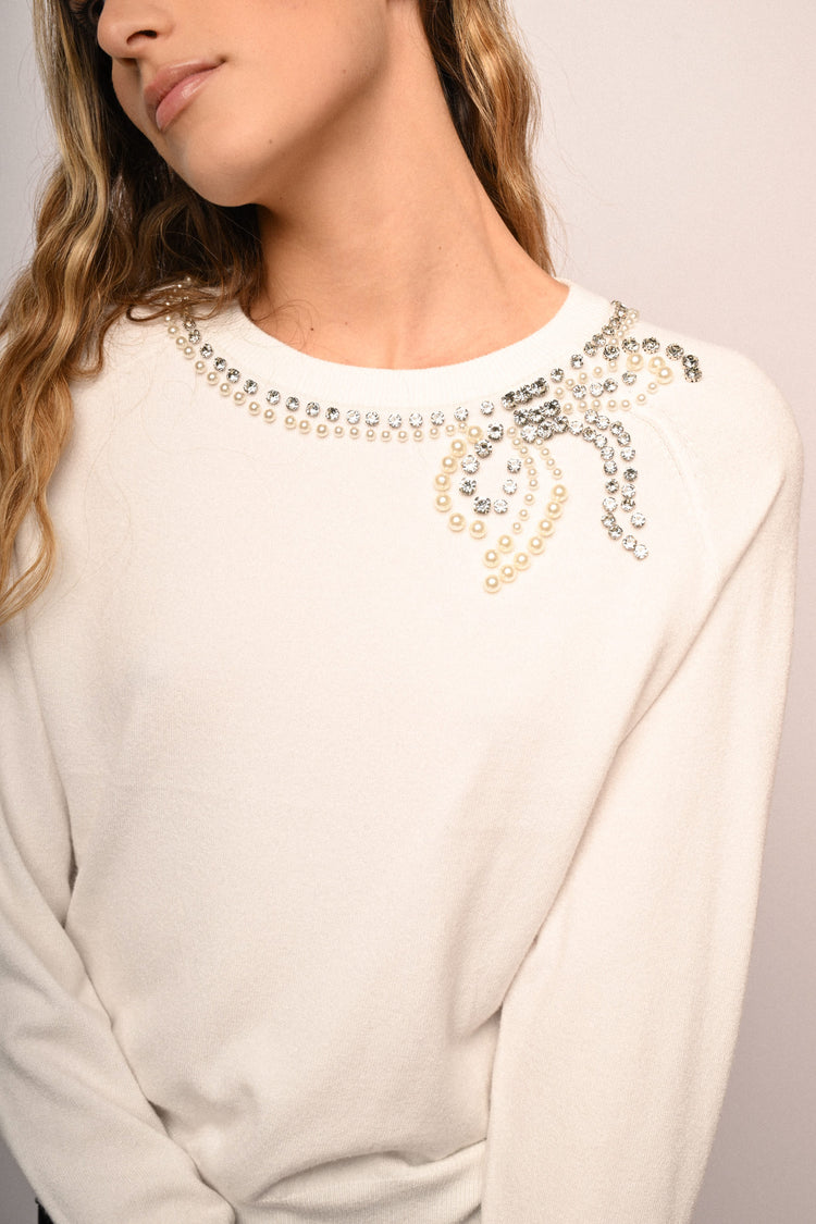Rhinestone & bead bow sweater