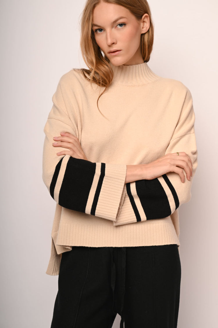 Contrast stripes oversized mock sweater