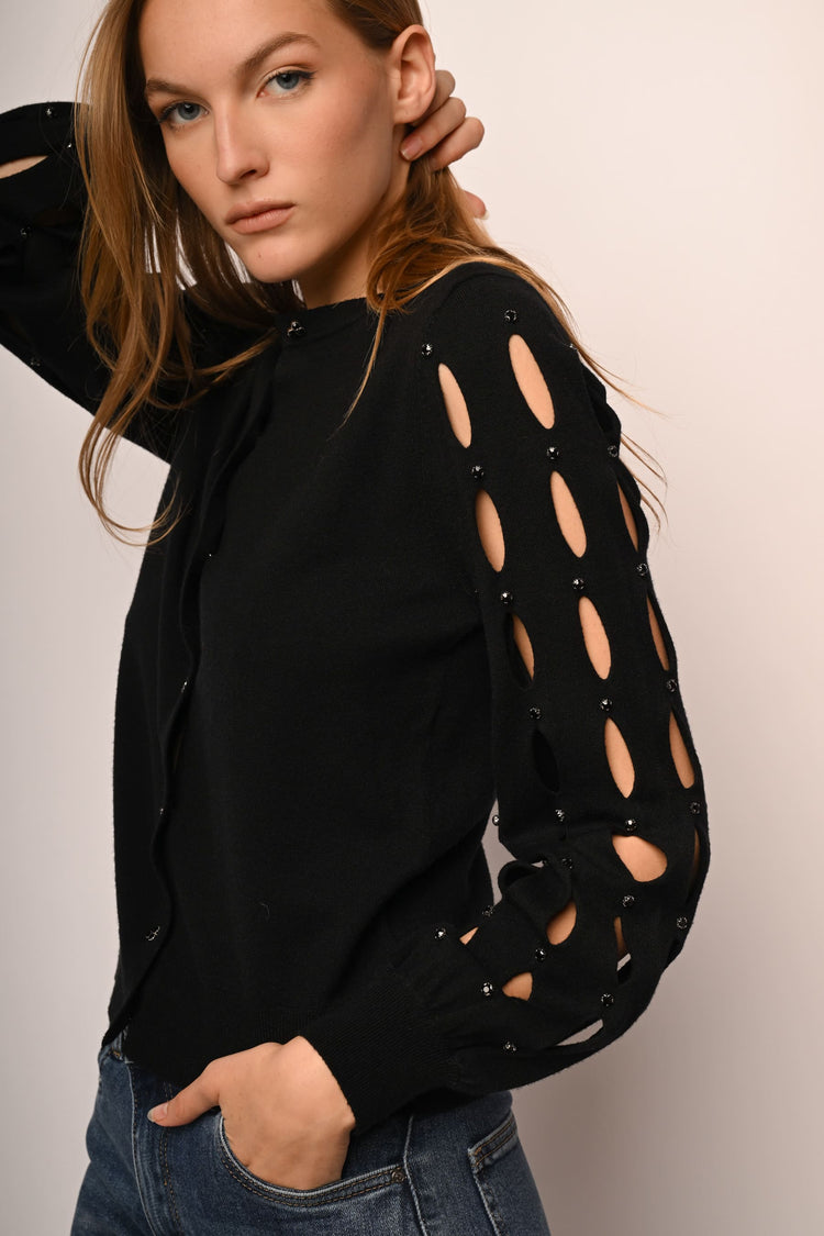 Cut-out and rhinestone mock sweater