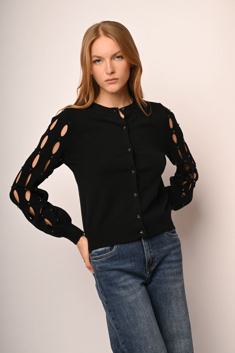 Cut-out and rhinestone mock sweater