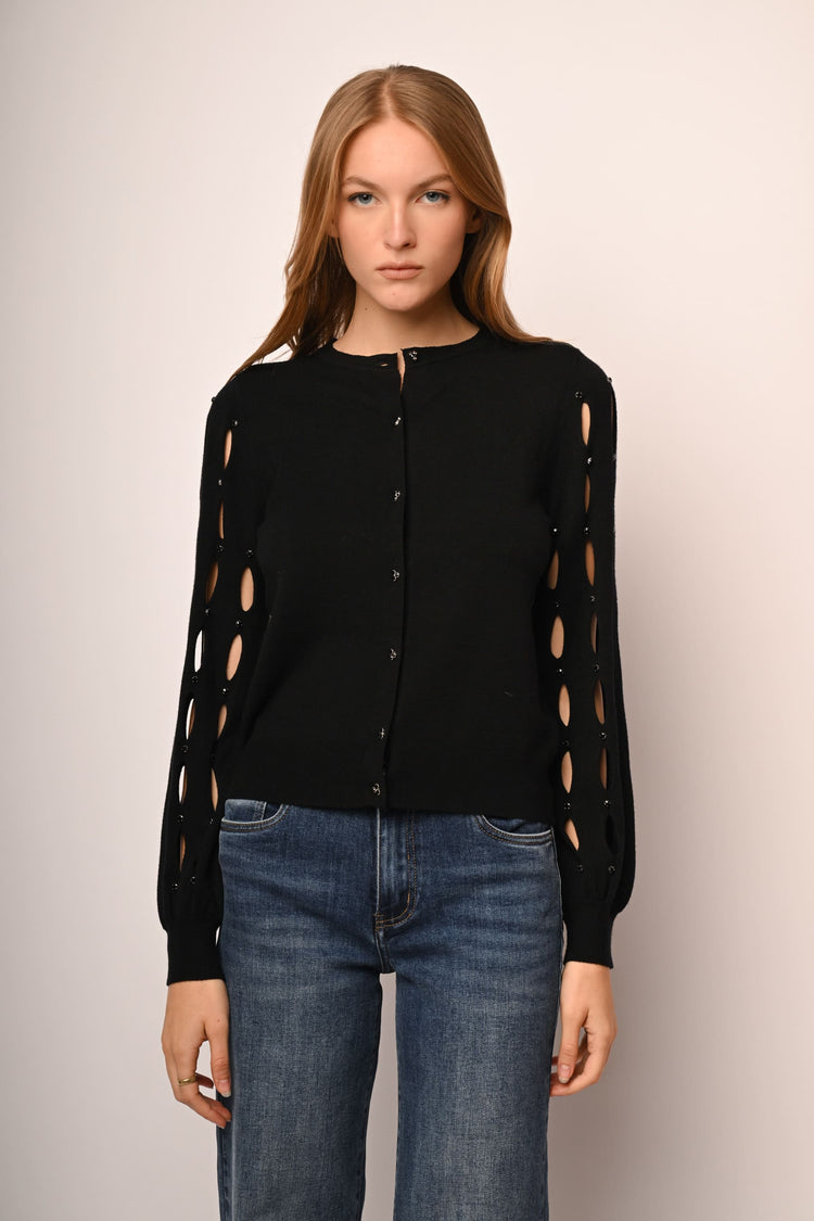 Cut-out and rhinestone mock sweater