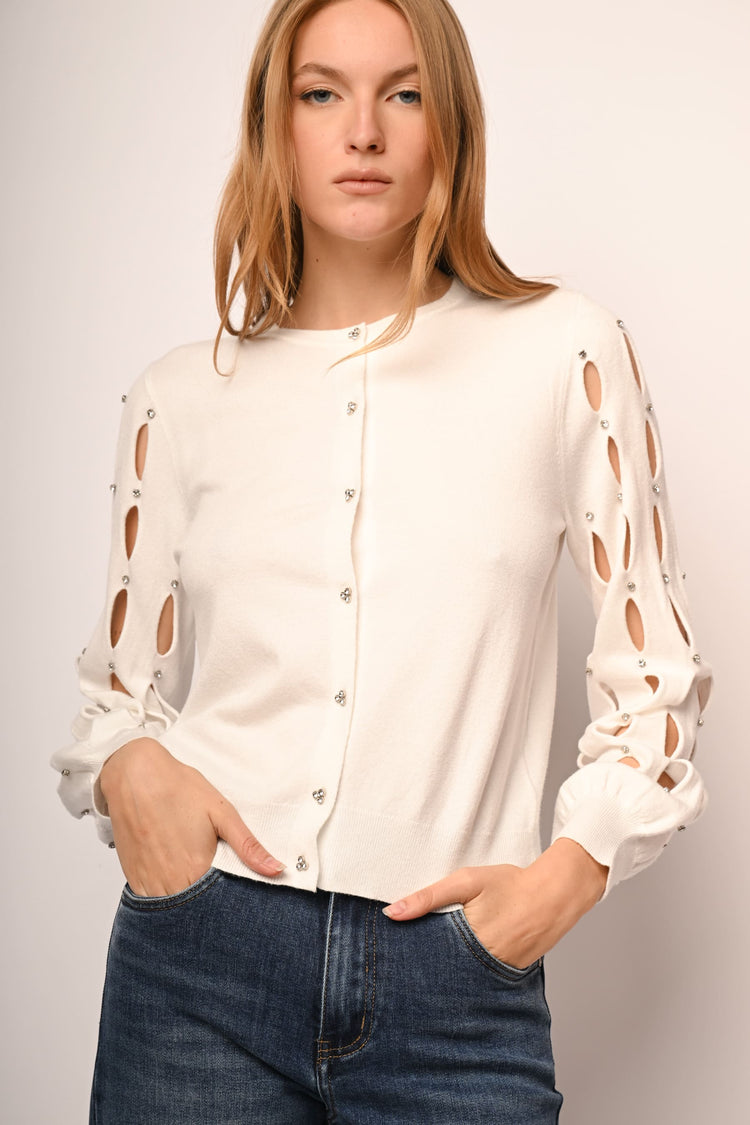 Cut-out and rhinestone mock sweater