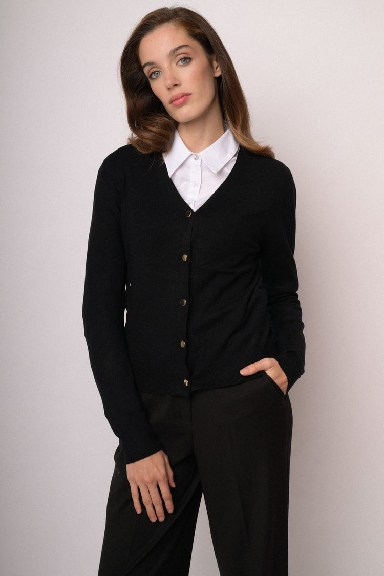 Black cardigan with gold-tone buttons