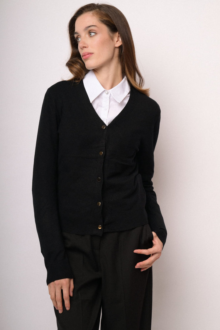 Black cardigan with gold-tone buttons