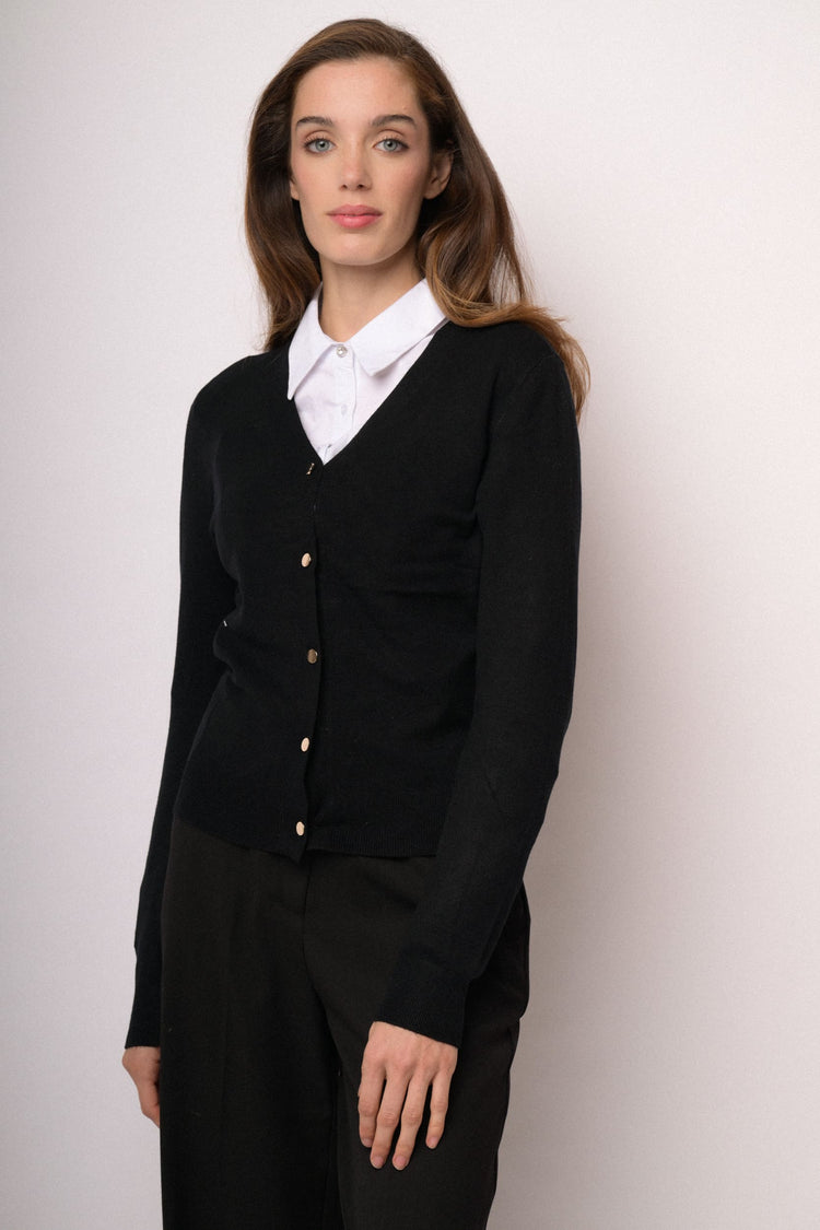 Black cardigan with gold-tone buttons