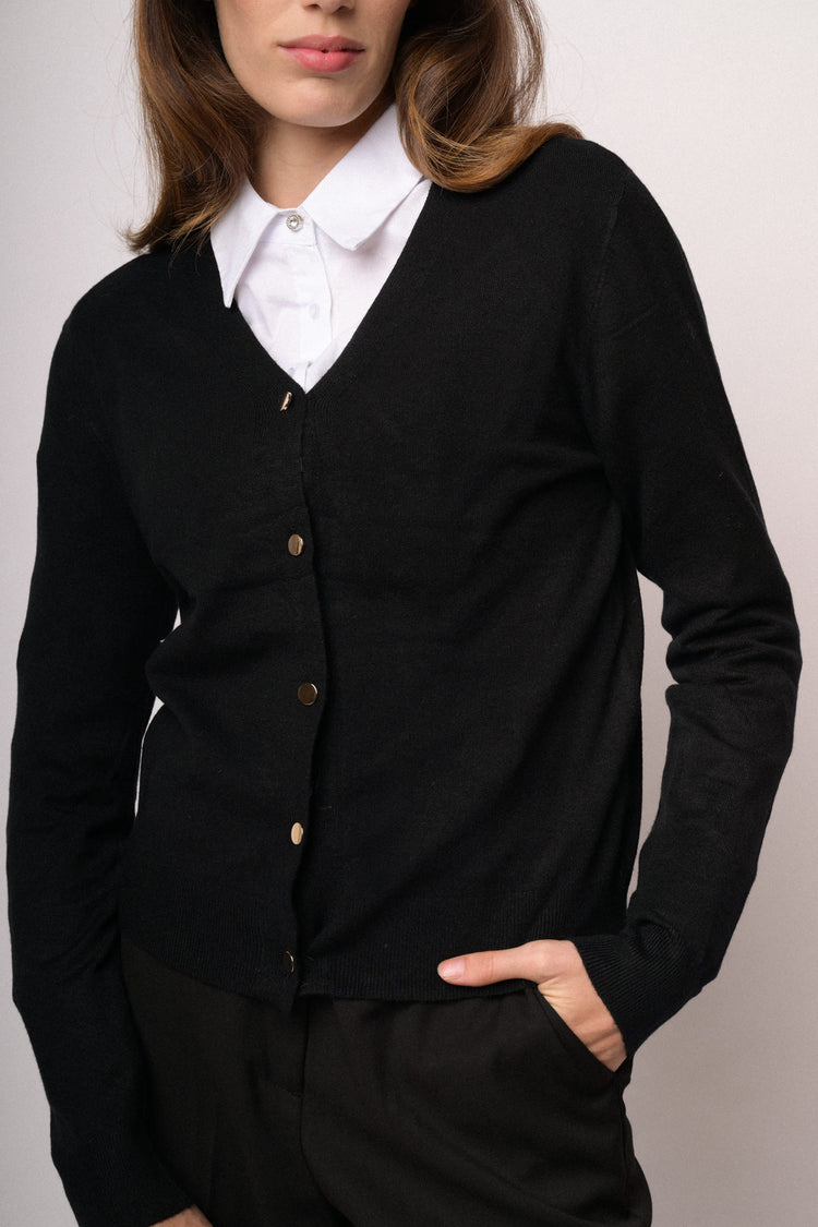 Black cardigan with gold-tone buttons