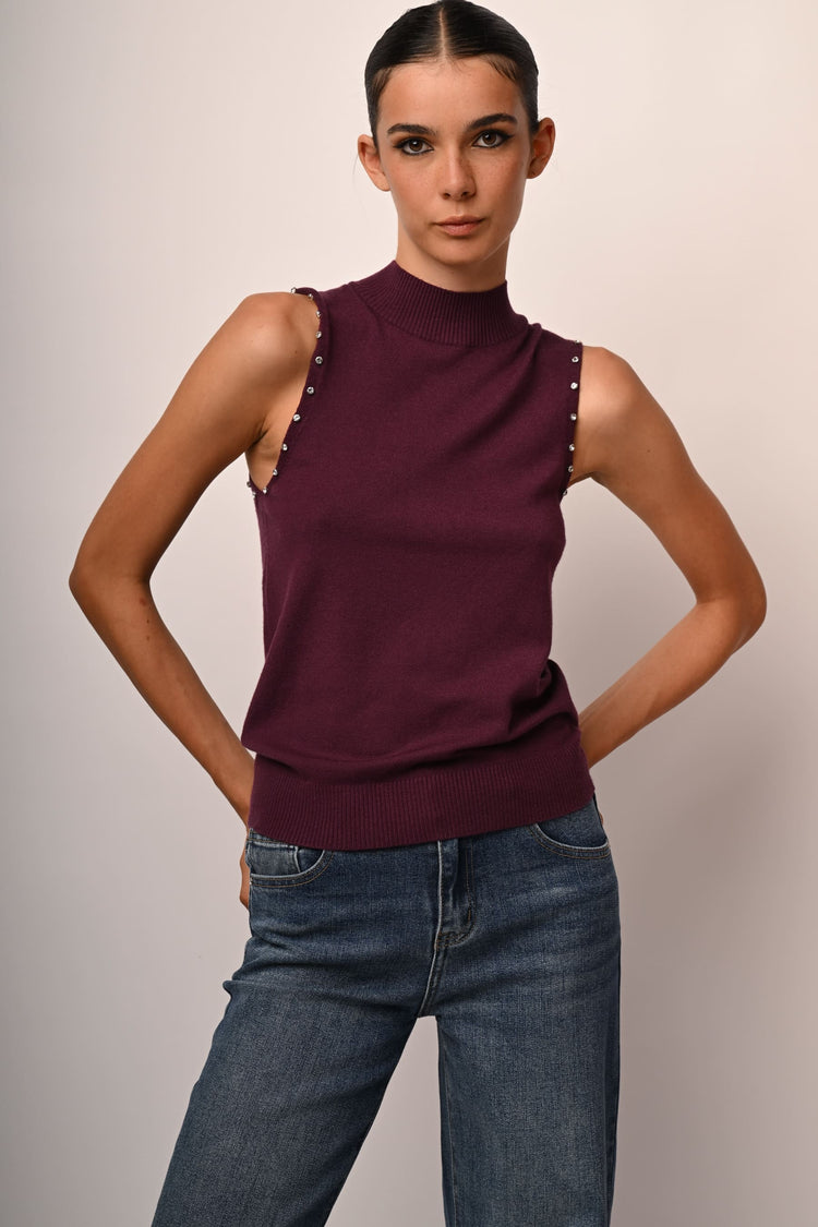 Rhinestone sleeveless mock sweater