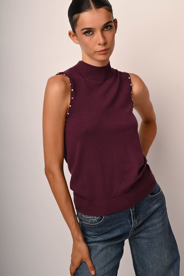 Rhinestone sleeveless mock sweater