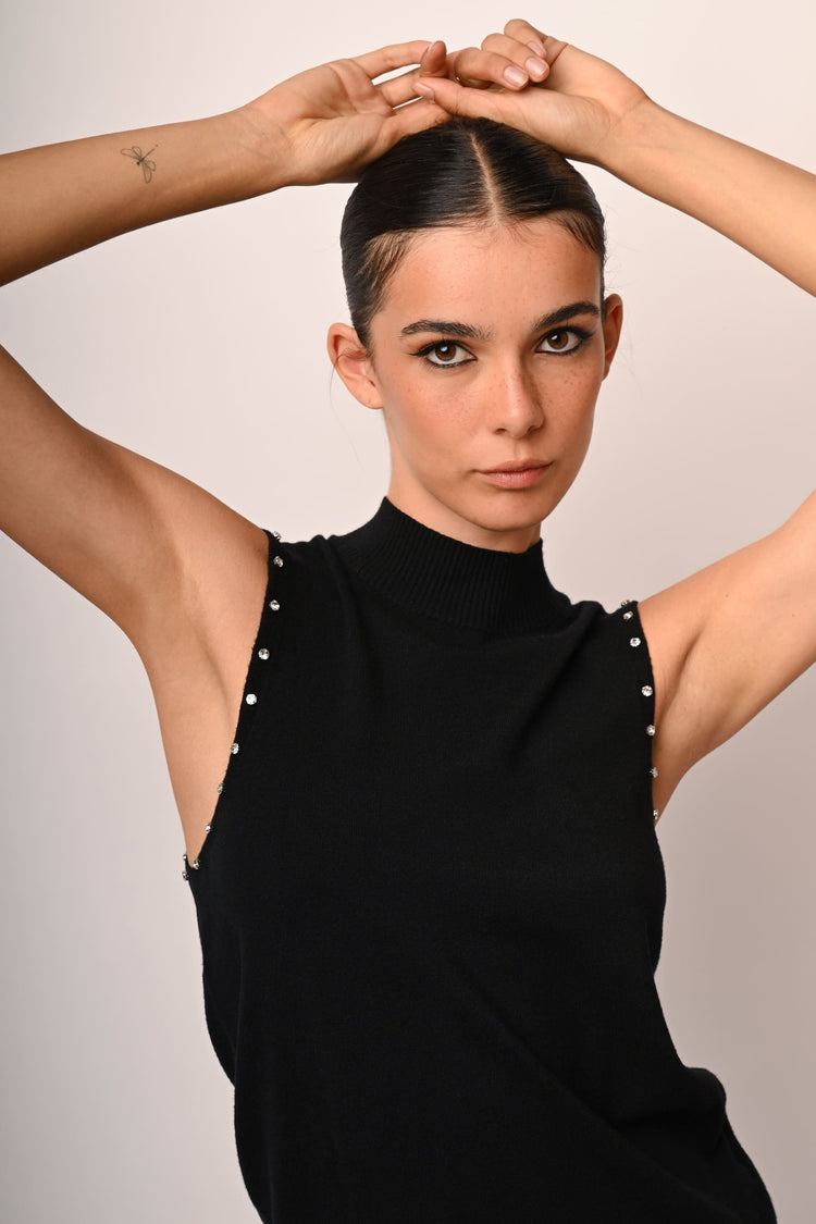 Rhinestone sleeveless mock sweater