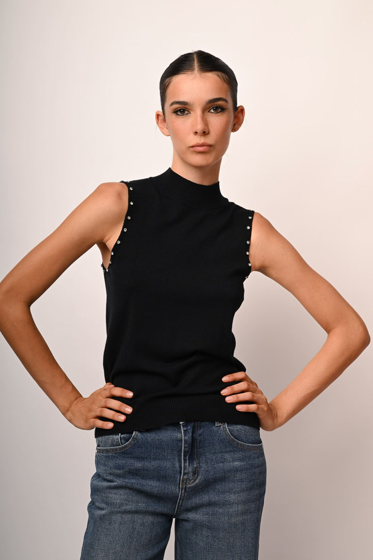 Rhinestone sleeveless mock sweater