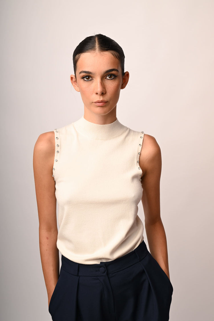 Rhinestone sleeveless mock sweater