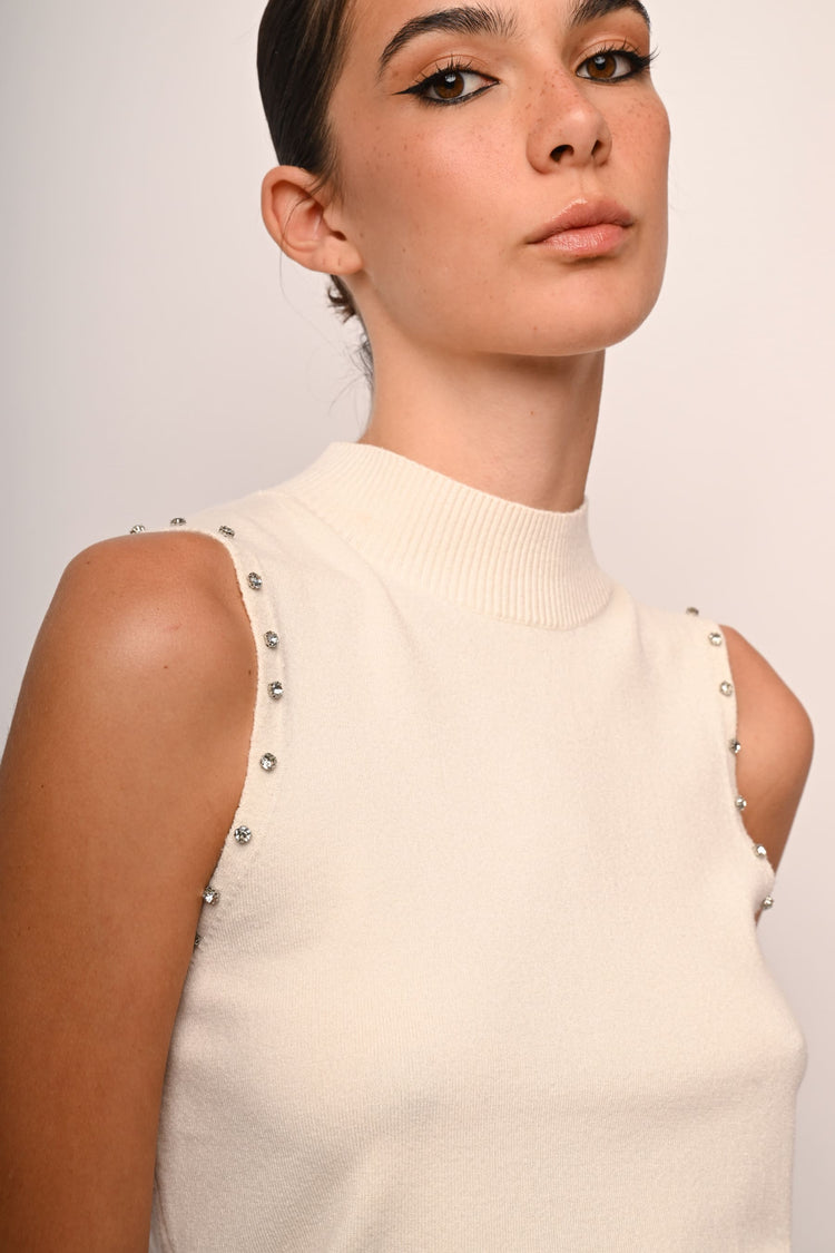 Rhinestone sleeveless mock sweater