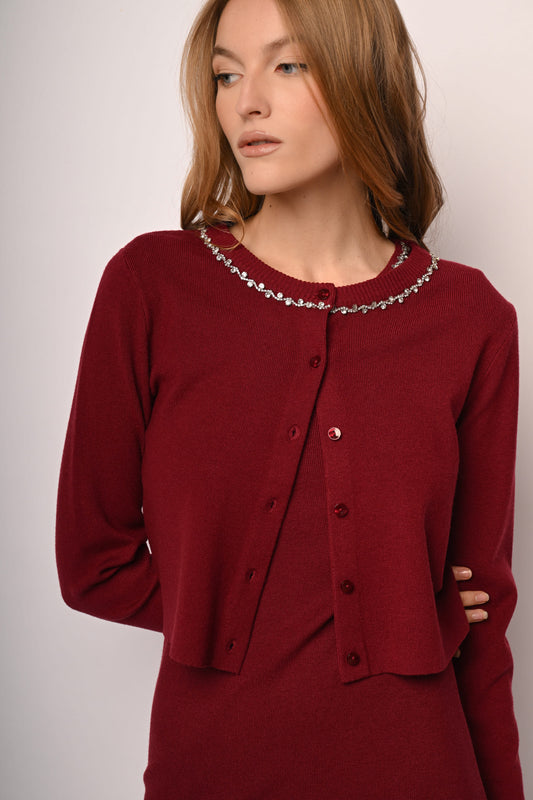 Rhinestone trimmed crew-neck cardigan