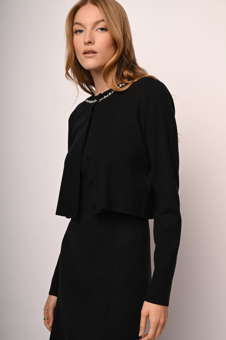 Rhinestone trimmed crew-neck cardigan