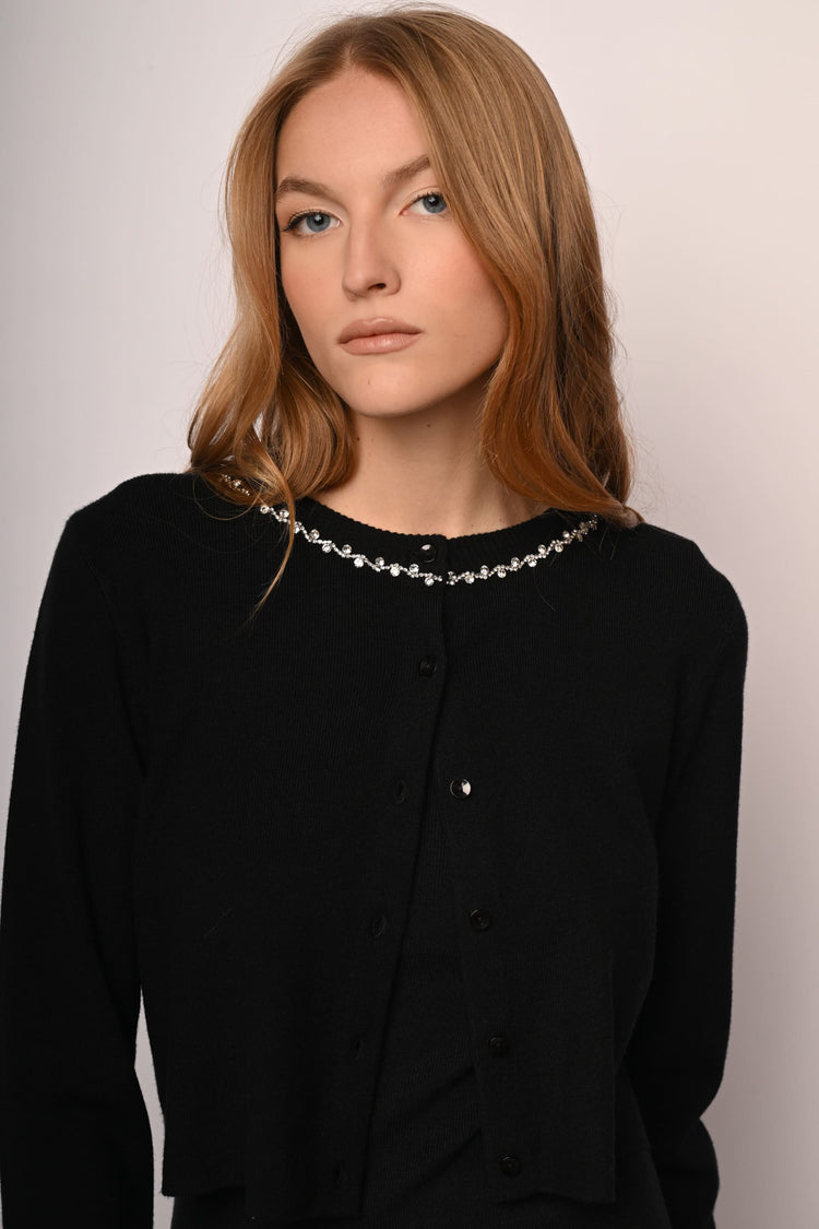 Rhinestone trimmed crew-neck cardigan