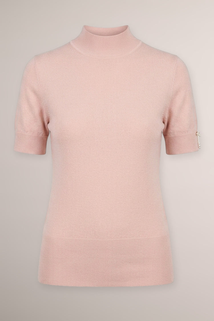 Bow-embellished half-sleeved pink knit mock sweater