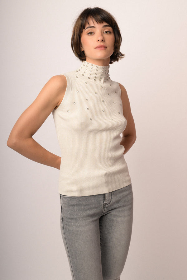 Rhinestone-embellished ivory knit sleeveless turtleneck