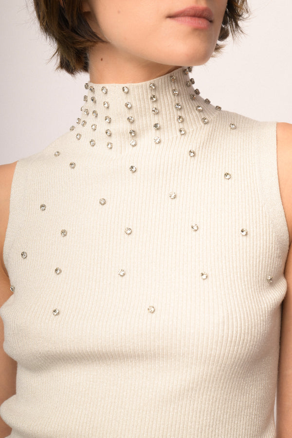 Rhinestone-embellished ivory knit sleeveless turtleneck