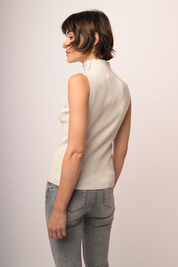 Rhinestone-embellished ivory knit sleeveless turtleneck