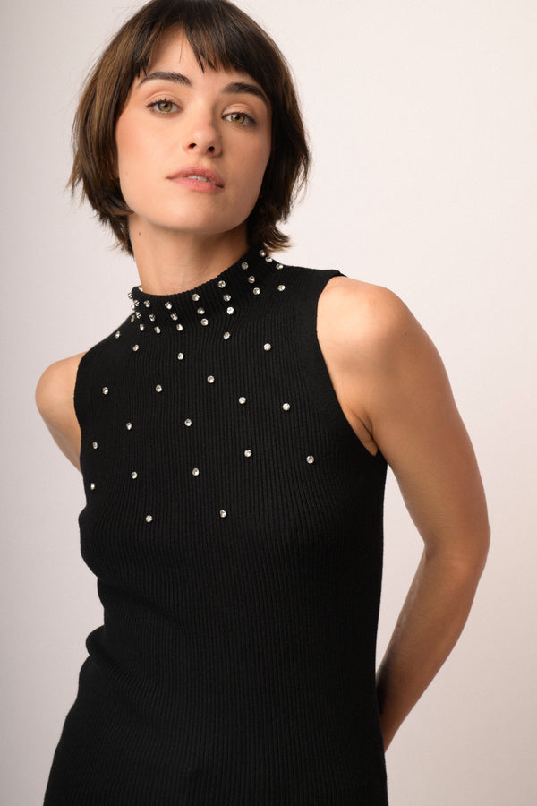 Rhinestone-embellished black knit sleeveless turtleneck