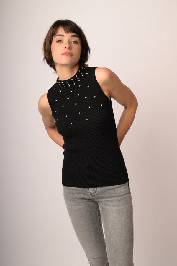Rhinestone-embellished black knit sleeveless turtleneck