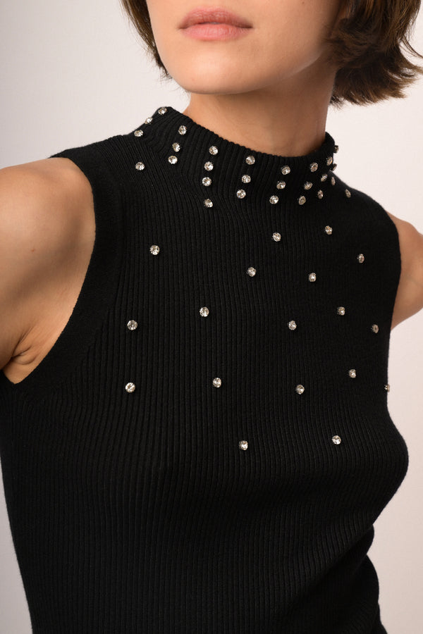 Rhinestone-embellished black knit sleeveless turtleneck
