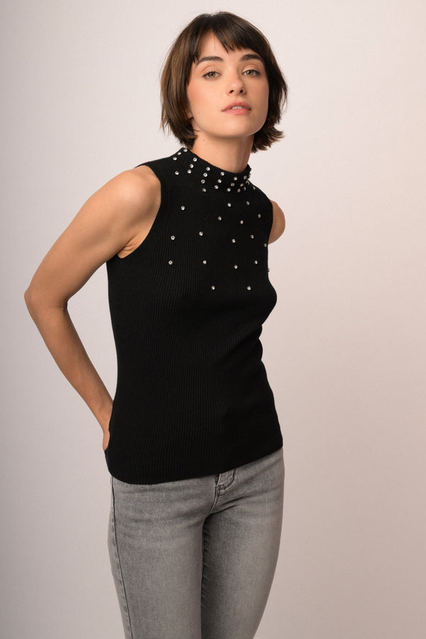 Rhinestone-embellished black knit sleeveless turtleneck