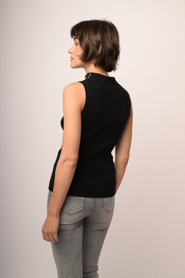 Rhinestone-embellished black knit sleeveless turtleneck