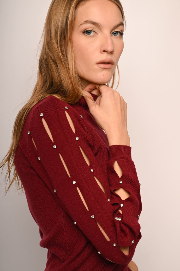 Cut-out and rhinestone mock sweater