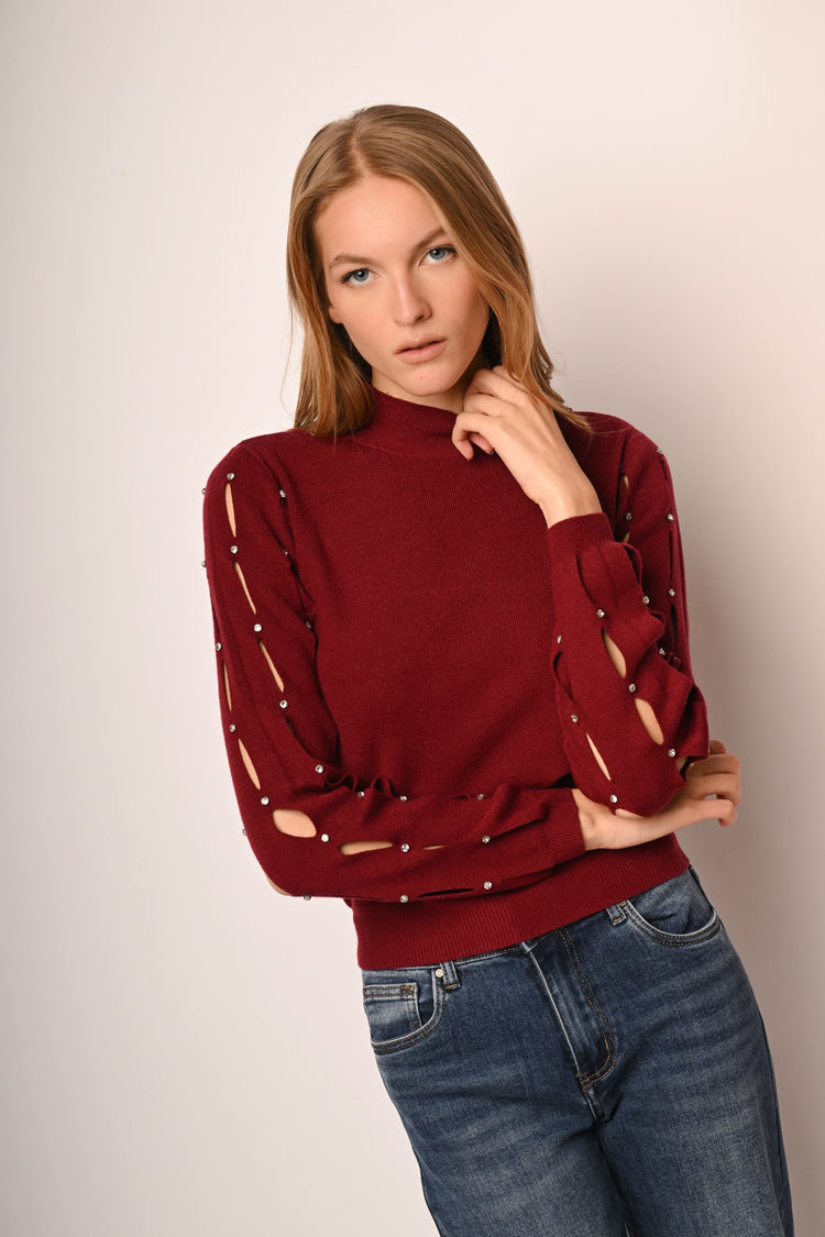 Cut-out and rhinestone mock sweater