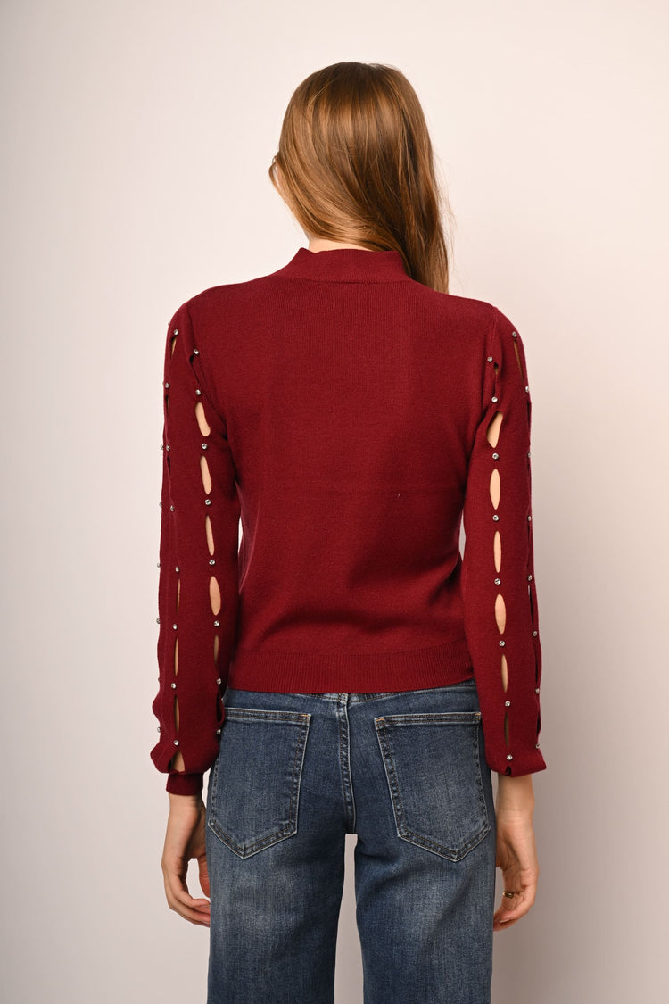 Cut-out and rhinestone mock sweater