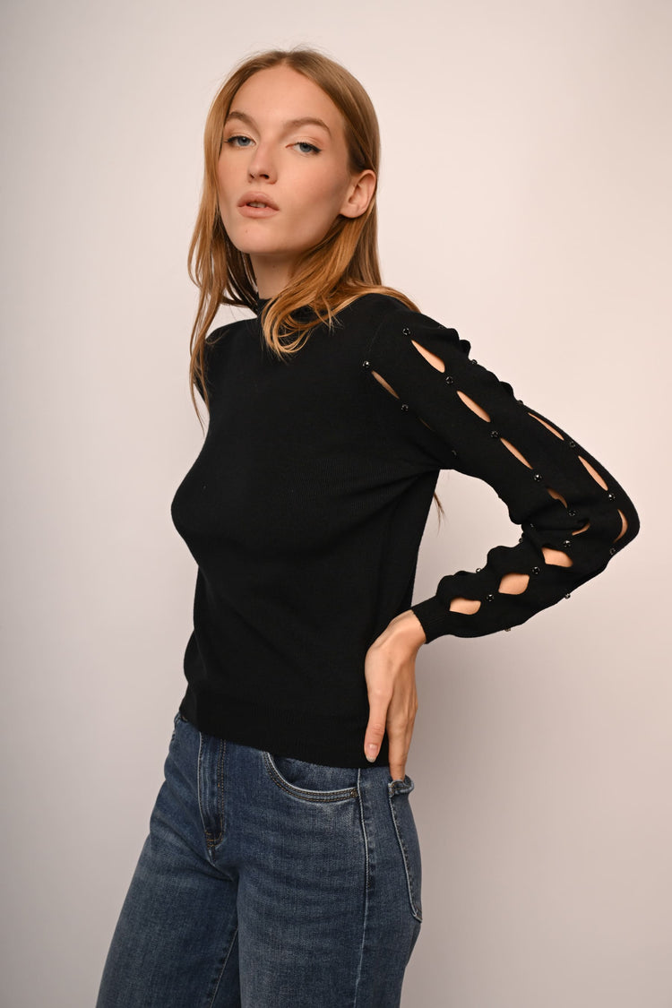 Cut-out and rhinestone mock sweater
